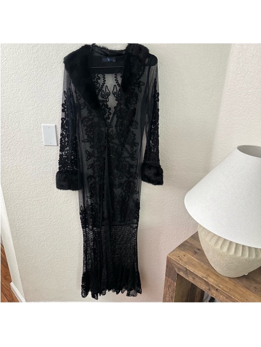 Sue Wong Vintage Crochet Beaded Embroidered Floral Mesh Faux Fur Black Duster - Picture 7 of 10